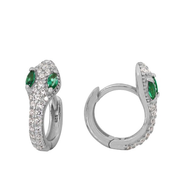 Dainty Tiny Serpent Hoop Earrings with Emerald Simulant CZ Stones NEW Stamped925 - Picture 3 of 7